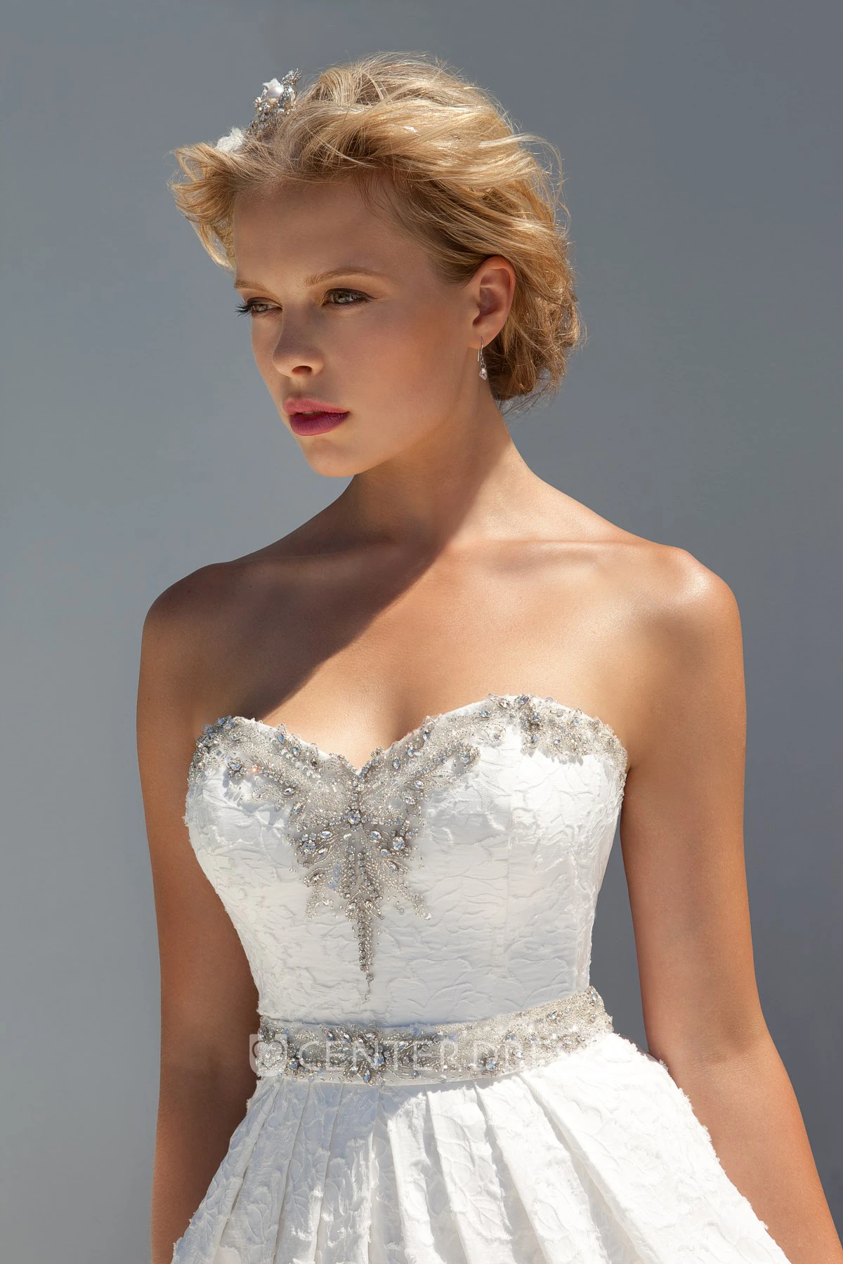 A-Line Long Sleeveless Sweetheart Appliqued Lace Wedding Dress With Waist Jewellery And Beading