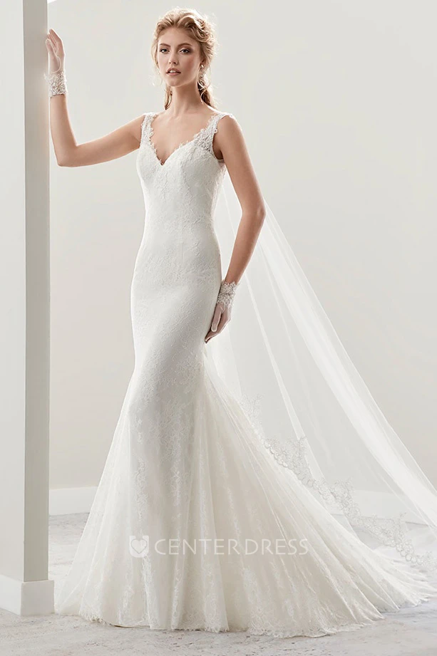 V-neck Cap sleeve Sheath Wedding Gown with Open Back and Illusive Lace Straps