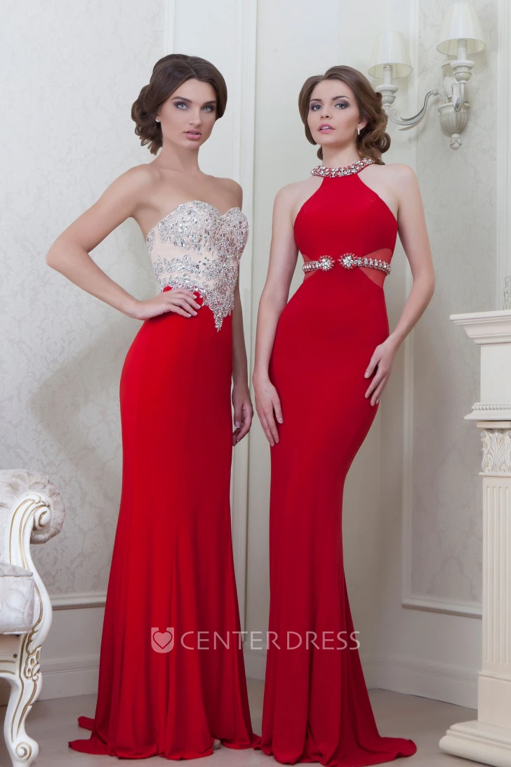 Sheath Floor-Length Sleeveless Scoop-Neck Beaded Jersey Evening Dress