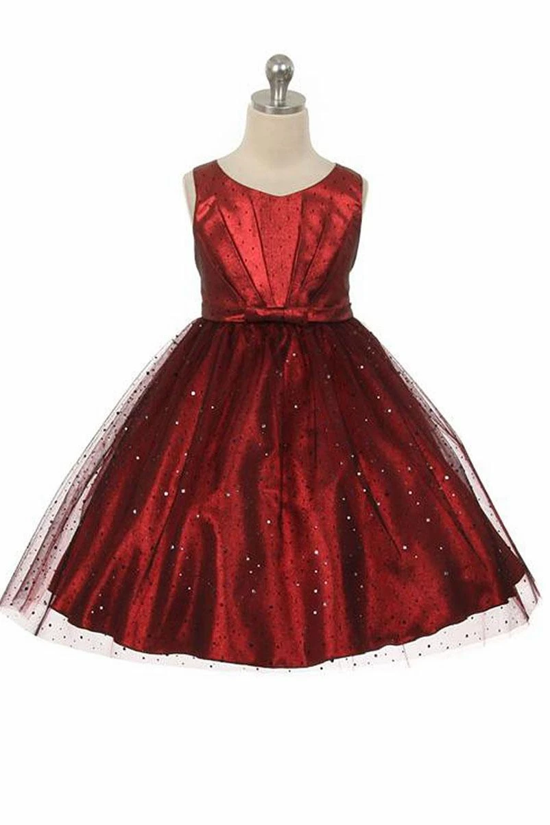 V-Neck Tea-Length Pleated Tulle&Sequins Flower Girl Dress With Tiers