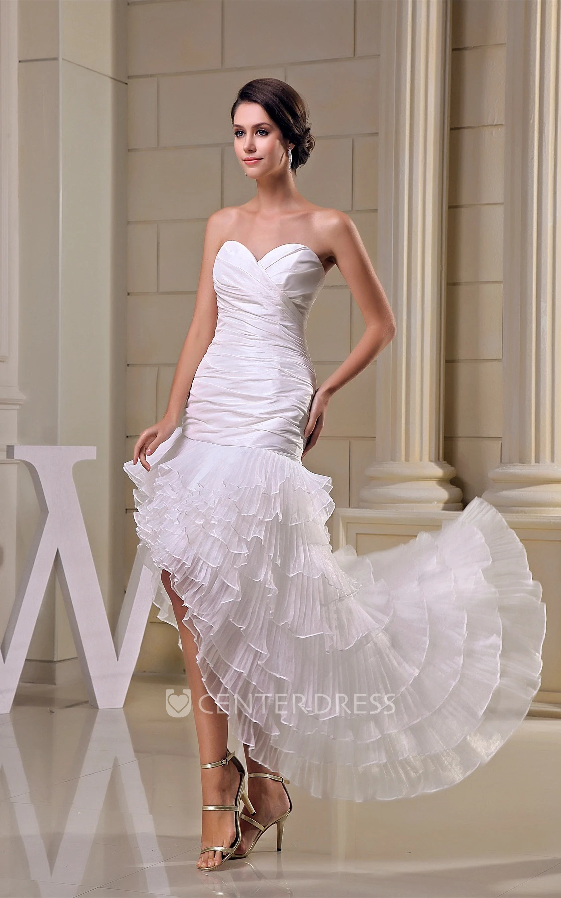 High-Low Criss-Cross Sweetheart Tulle Prom Dress with Ruching and Tiers