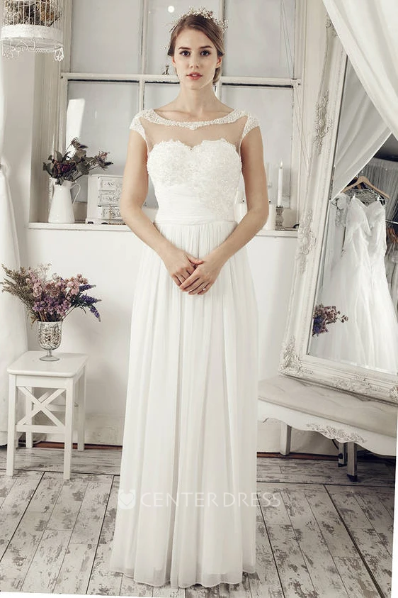 Sheath Floor-Length Cap-Sleeve Scoop-Neck Chiffon Wedding Dress With Beading And Illusion