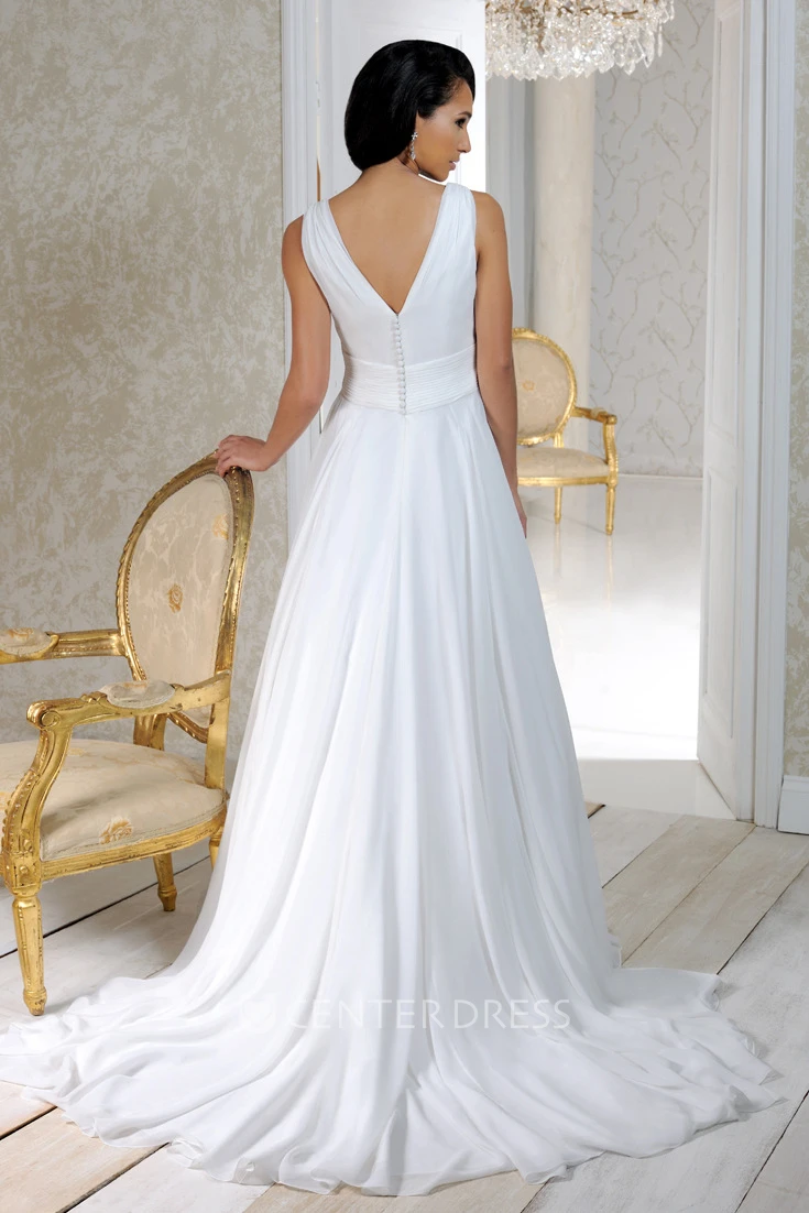 V-Neck Long Empire Pleated Chiffon Wedding Dress With Court Train And V Back