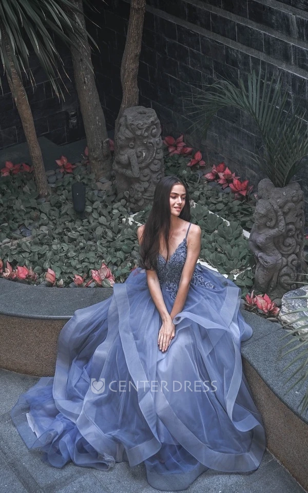 Sleeveless Tulle A-Line Evening Dress with V-neck Modern and Elegant Wedding Dress