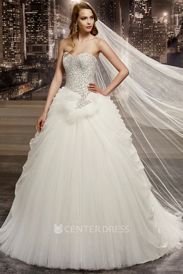 Sweetheart A-Line Ruching Gown With Beaded Bodice And Back Bow