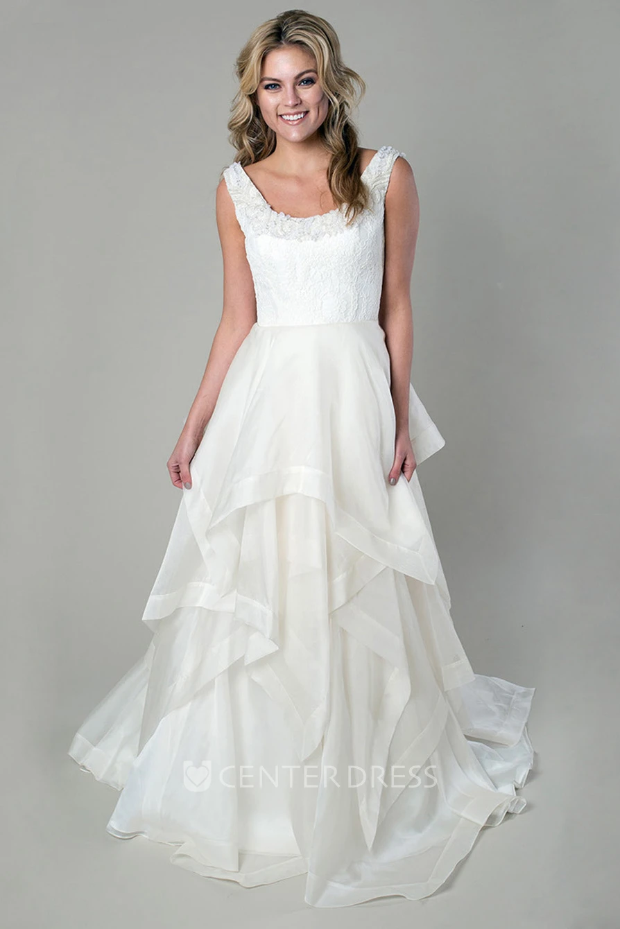 A-Line Scoop-Neck Maxi Appliqued Sleeveless Organza Wedding Dress With Tiers And Draping