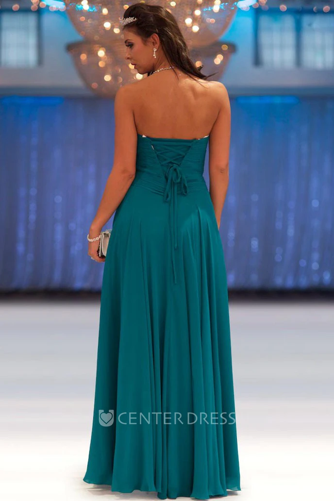 Sheath Floor-Length Sleeveless Sweetheart Beaded Chiffon Prom Dress With Pleats
