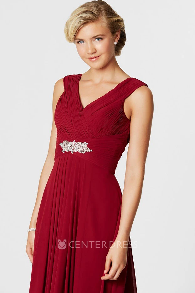 Sleeveless Ruched V-Neck Chiffon Bridesmaid Dress With Waist Jewellery