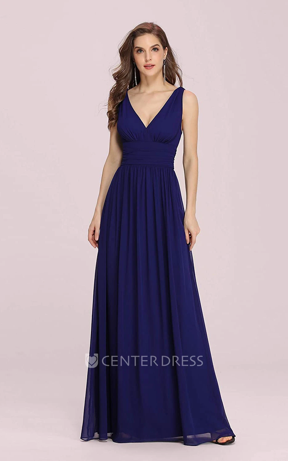 Romantic A Line Chiffon V-neck Sleeveless Prom Dress With Ruffles