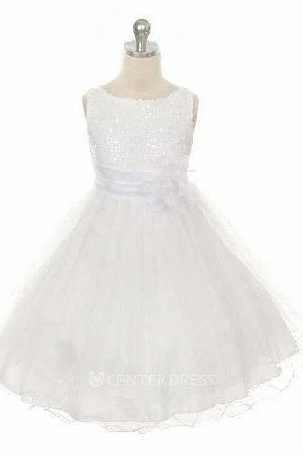 Tea-Length Floral Floral Sequins&Satin Flower Girl Dress With Sash