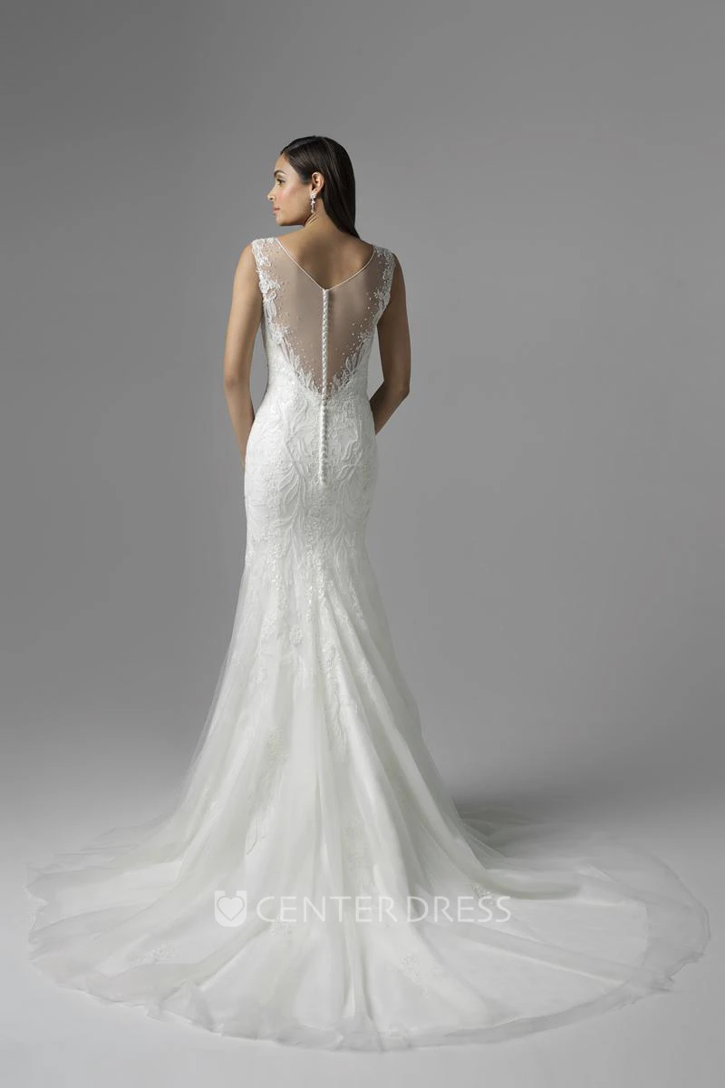 Mermaid Sleeveless Scoop-Neck Lace&Tulle Wedding Dress With Beading And Illusion