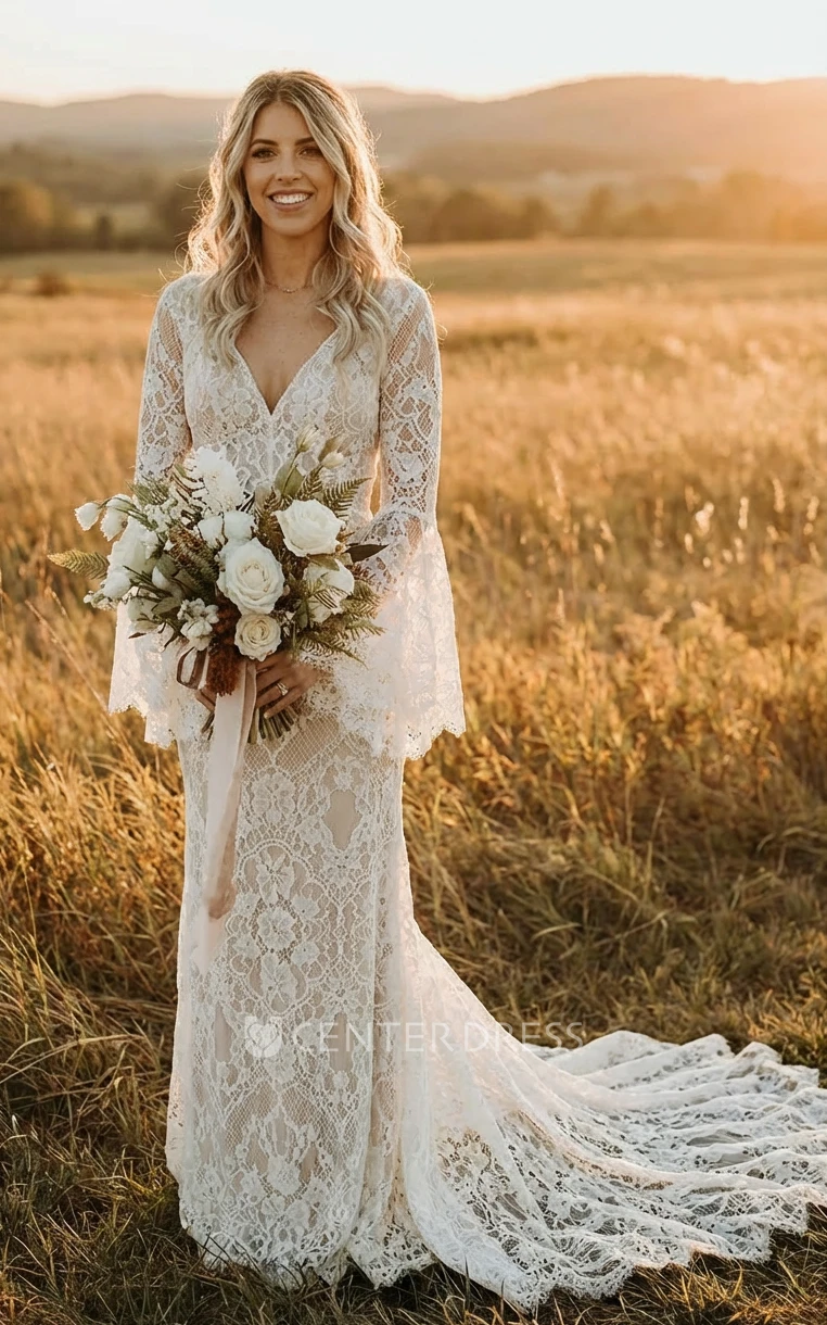 Bohemian Elegant Petal Plus Size Lace Long Sleeve Spring Wedding Dress