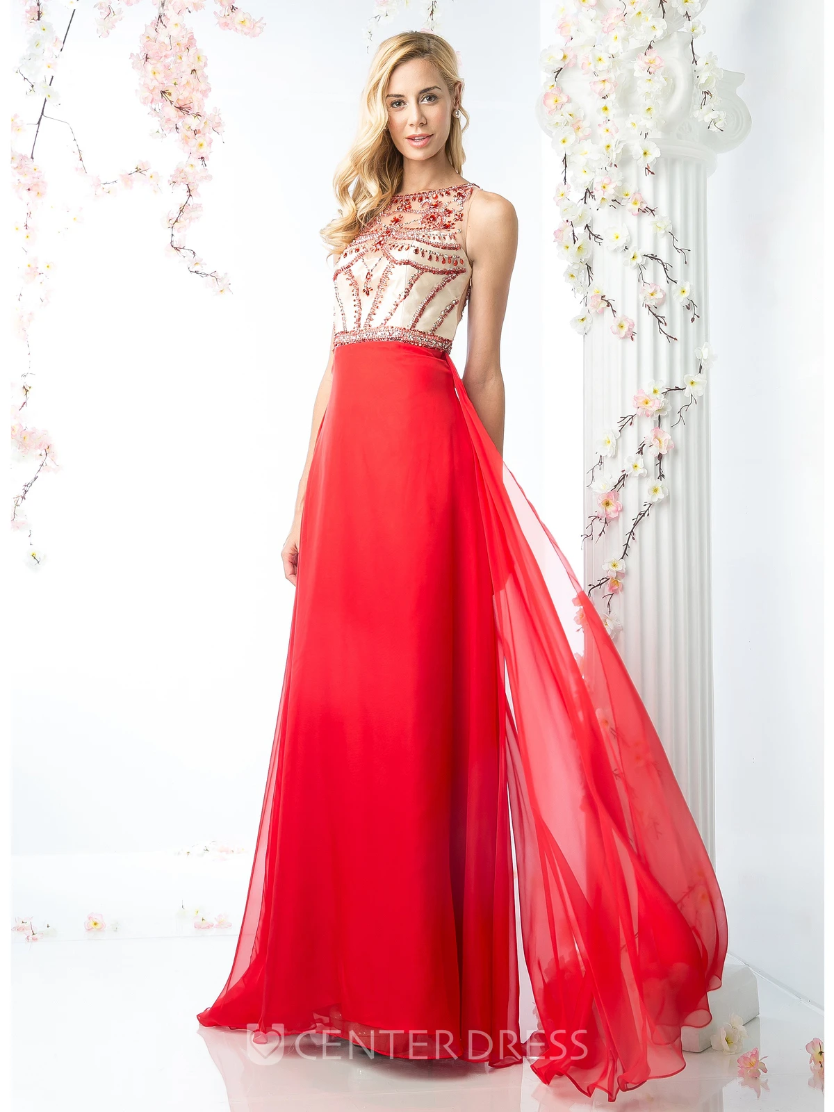 A-Line Jewel-Neck Sleeveless Chiffon Illusion Dress With Beading