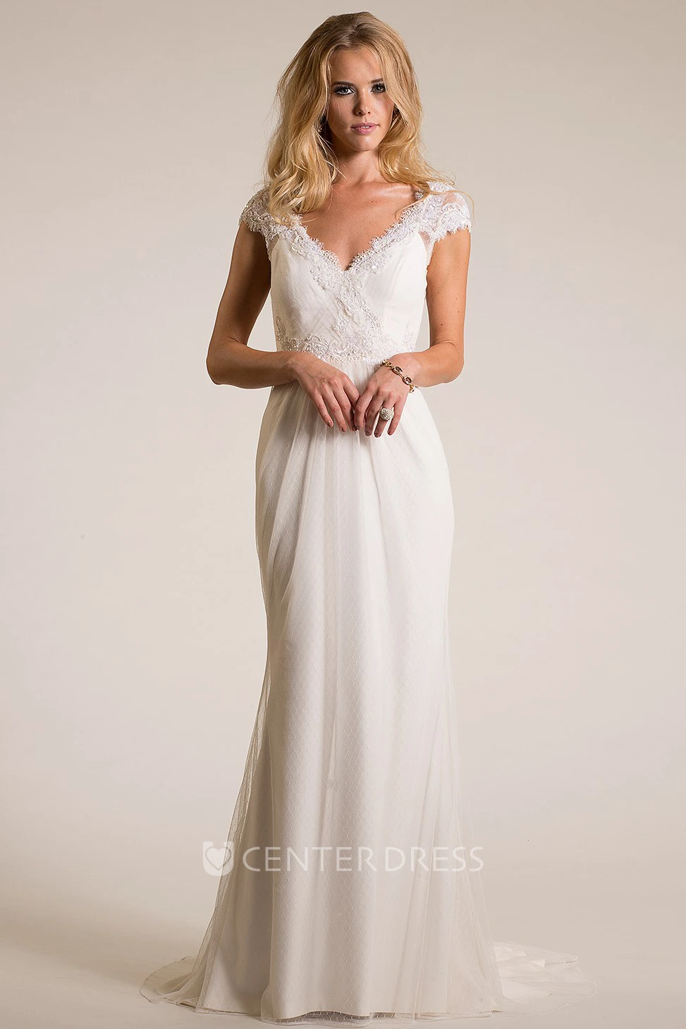V-Neck Floor-Length Cap-Sleeve Appliqued Chiffon Wedding Dress