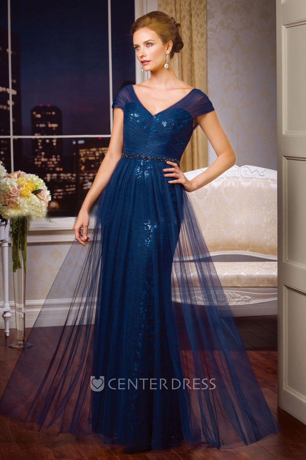 Cap-Sleeved V-Neck Long Mother Of The Bride Dress With Sequins And Tulle Overlay