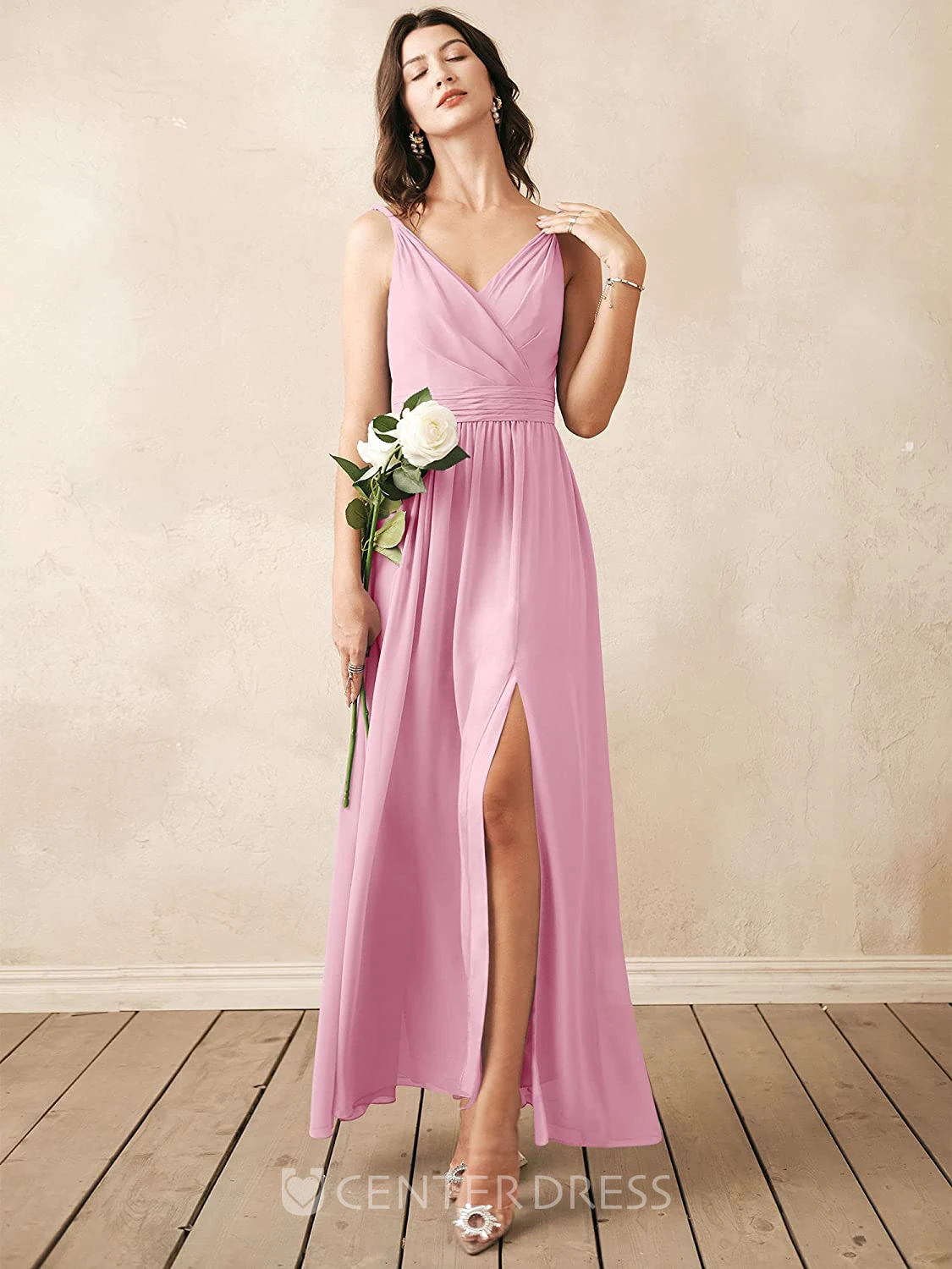 Sexy Chiffon Ankle-length V-neck A Line Sleeveless Bridesmaid Dress With Ruching