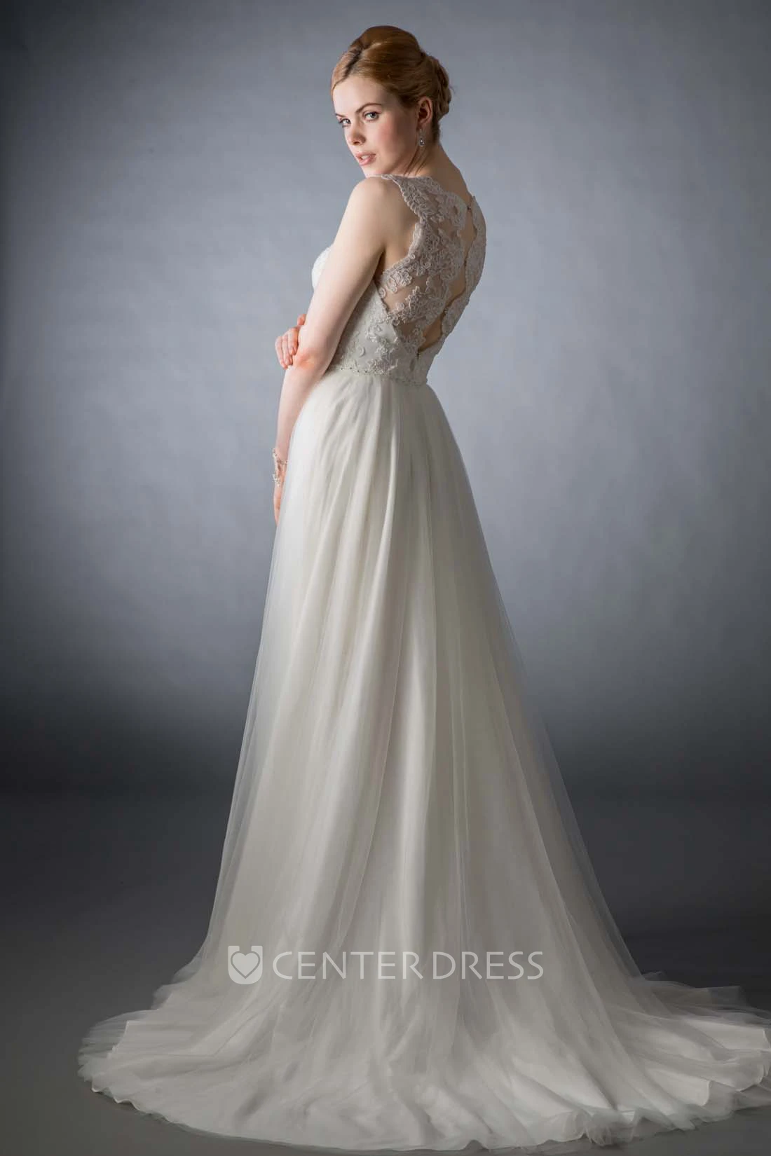 Long Scoop Appliqued Chiffon Wedding Dress With Sweep Train And Illusion