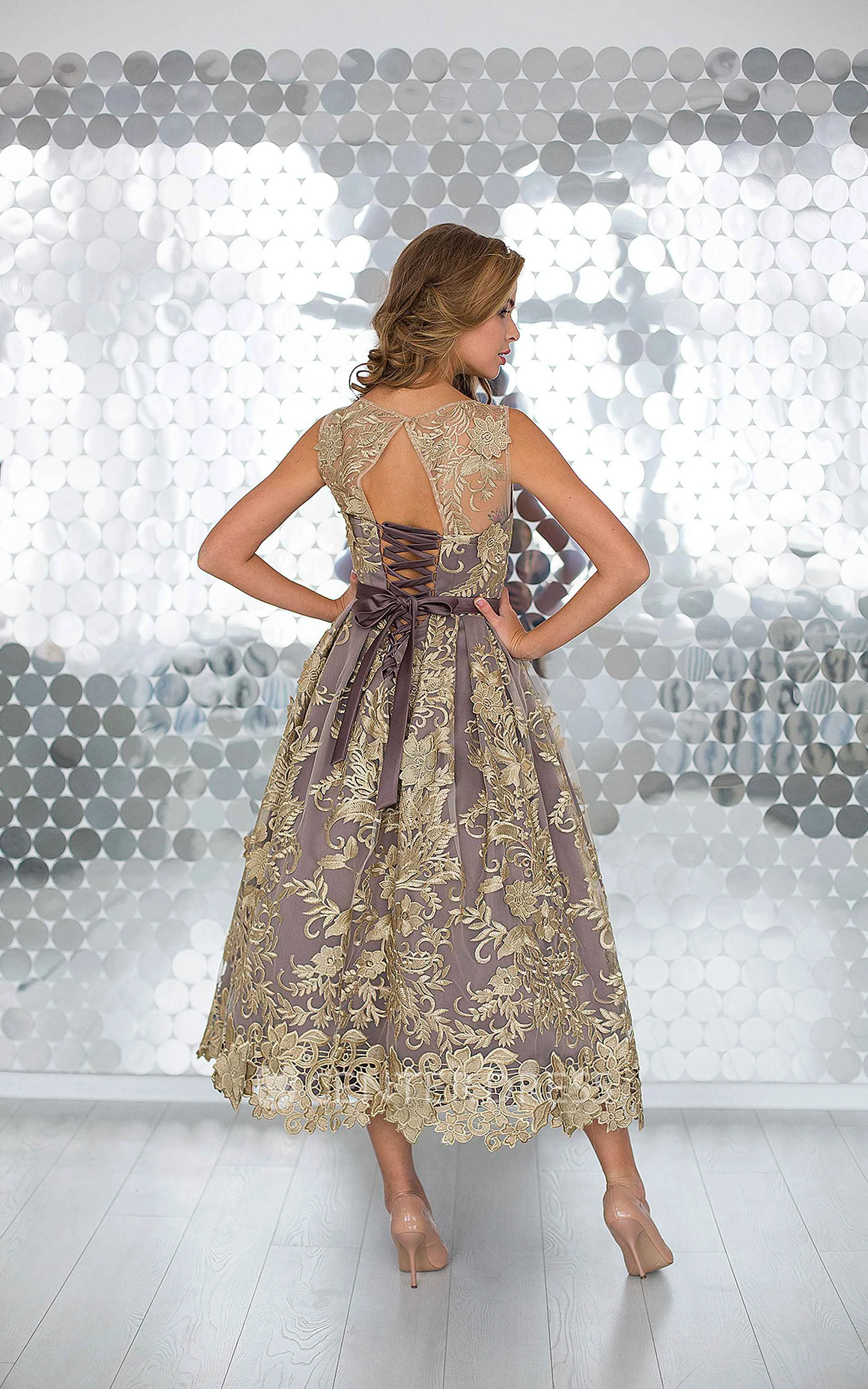 A-Line Anckle-Length Jewel Sleeveless Lace Pleats Sash Keyhole Dress