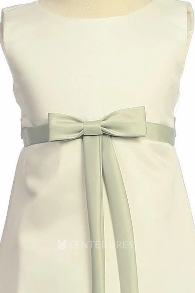 Ankle-Length Bowed Sleeveless Satin Flower Girl Dress