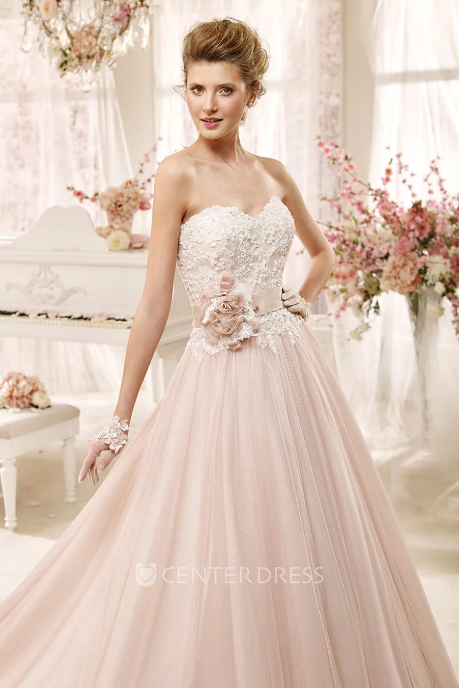 Lovely Strapless A-line Wedding Dress with Flower Sash and Pleated Skirt