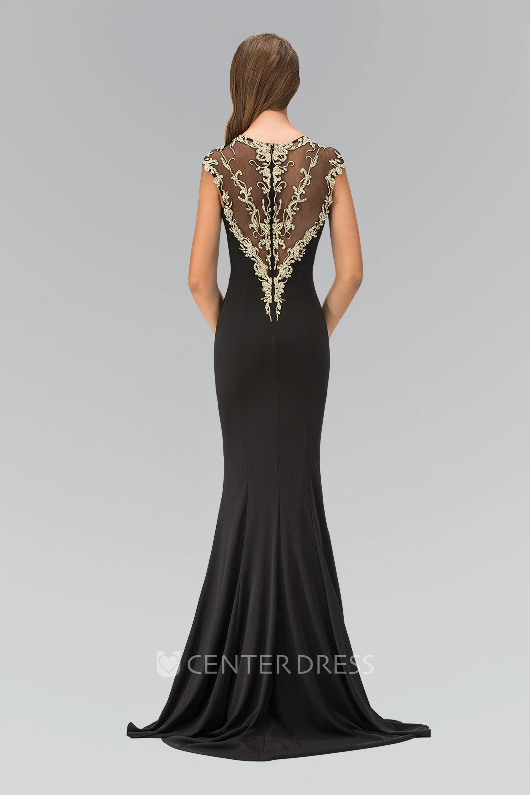 Sheath Long Scoop-Neck Cap-Sleeve Jersey Illusion Dress With Beading