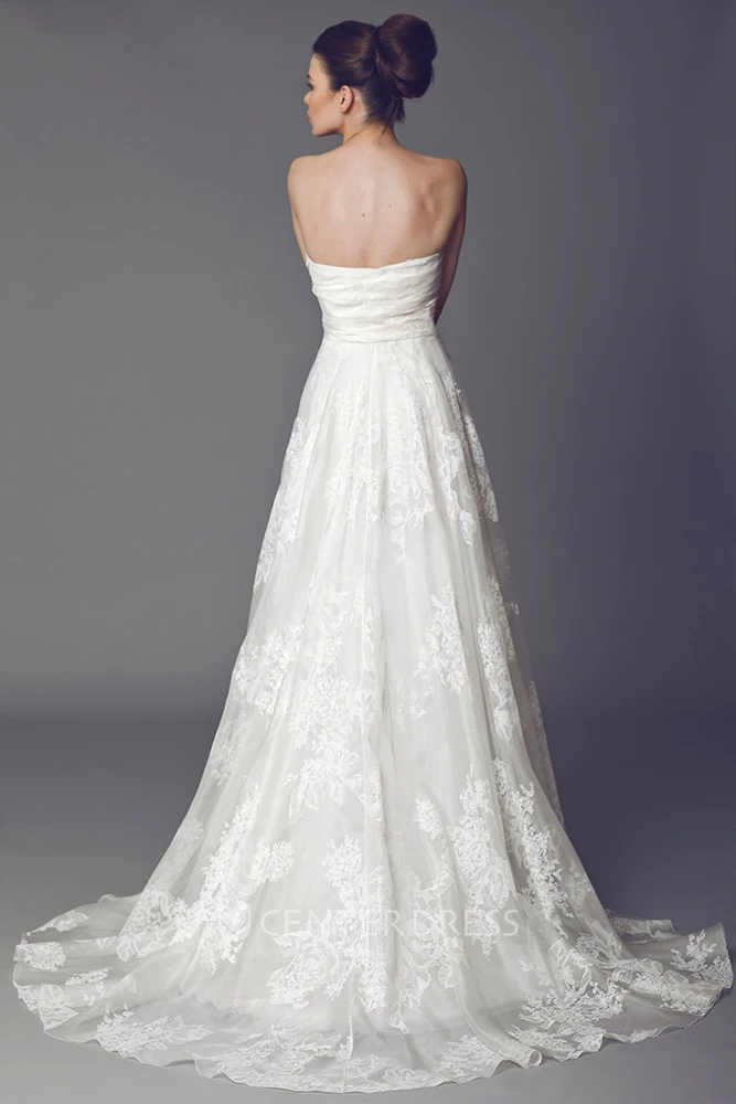 Strapless Maxi Appliqued Lace Wedding Dress With Sweep Train And V Back