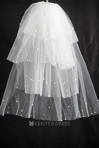 Multi-Layered Puffy Elbow Wedding Veil with Pearl Beading
