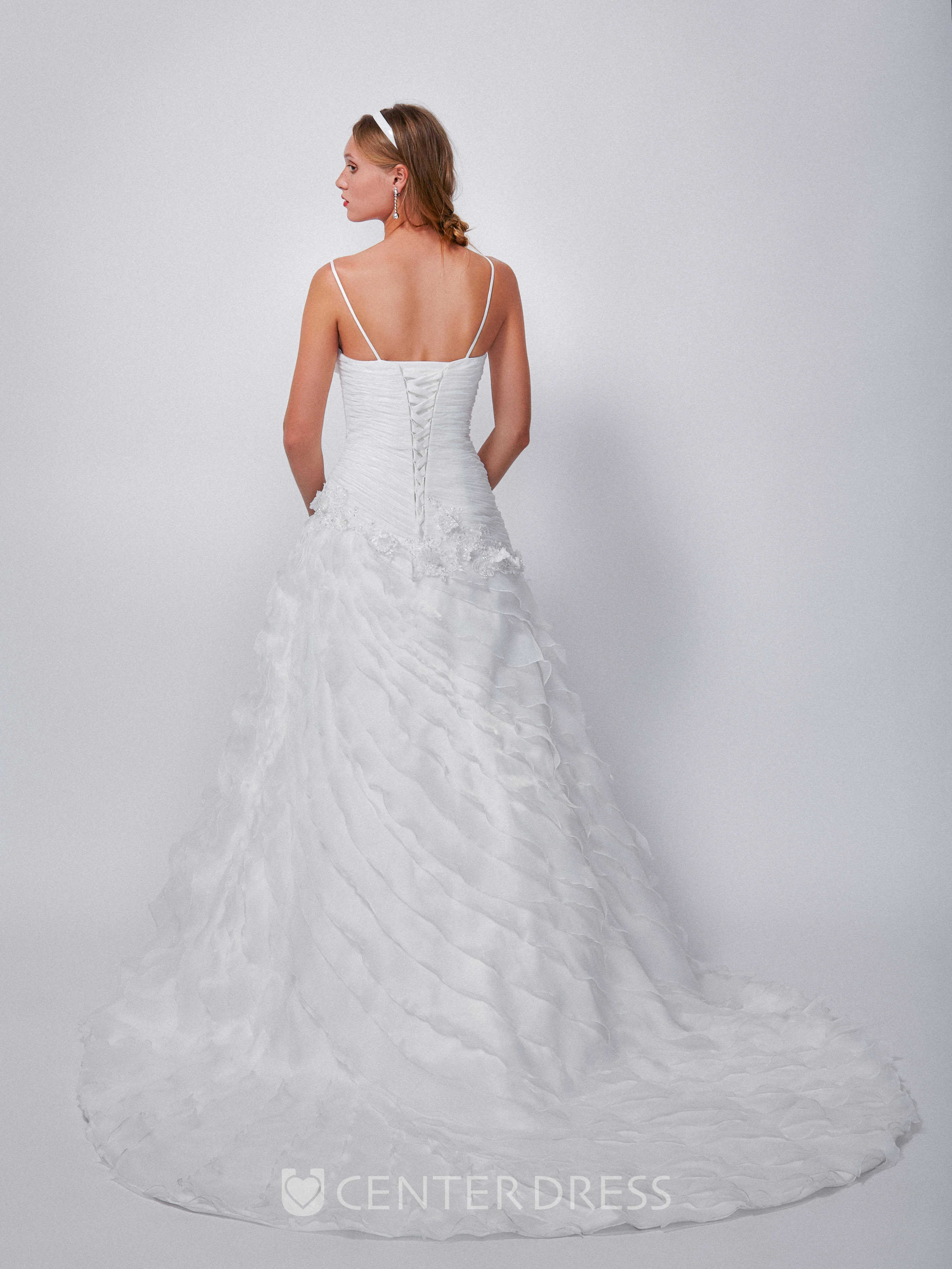 A-Line Sleeveless Ruched Maxi V-Neck Organza Wedding Dress With Tiers And Flower