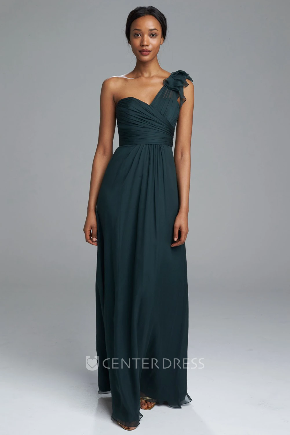 Sheath Maxi One-Shoulder Sleeveless Ruched Chiffon Bridesmaid Dress With Epaulet