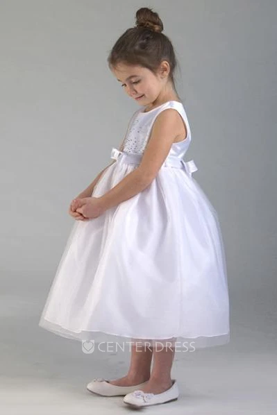 Tea-Length Tiered Bowed Tulle&Sequins Flower Girl Dress With Appliques