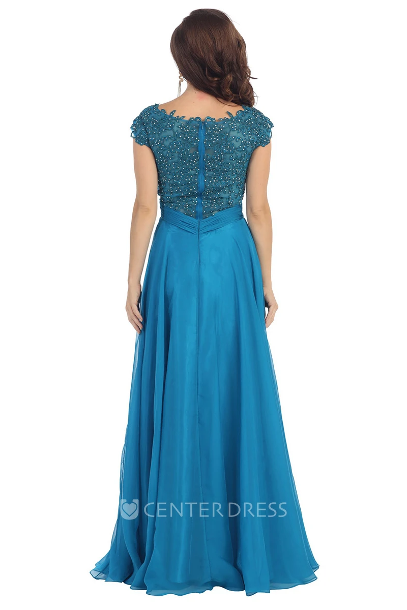 A-Line Long Jewel-Neck Cap-Sleeve Chiffon Illusion Dress With Criss Cross And Embroidery