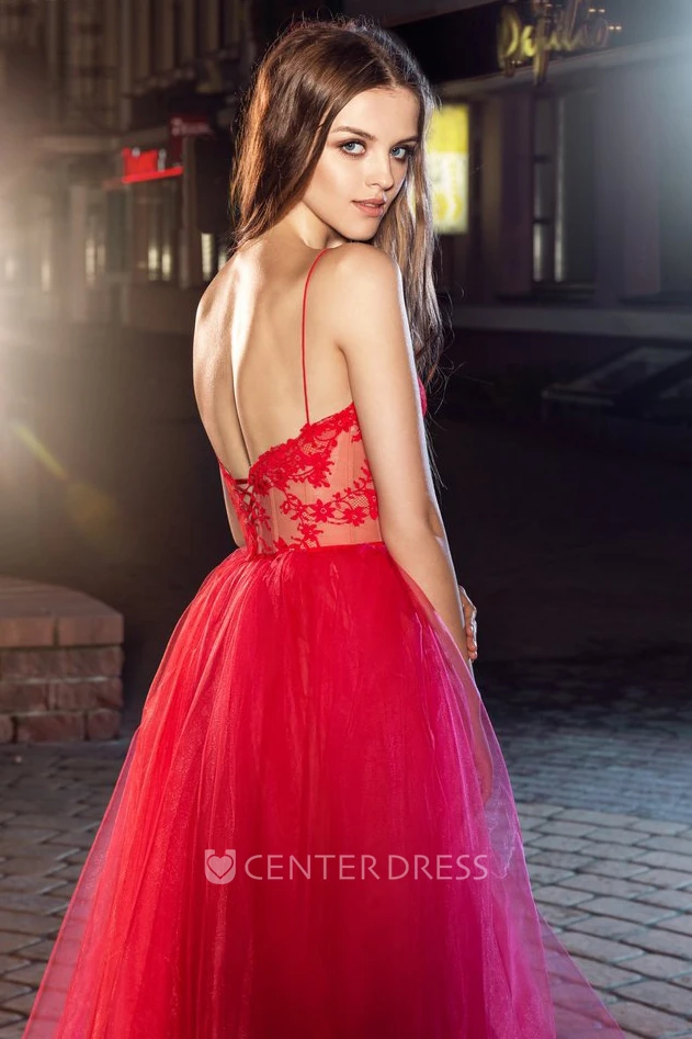 A-Line Tea-Length Spaghetti Sleeveless Tulle Lace Dress With Appliques