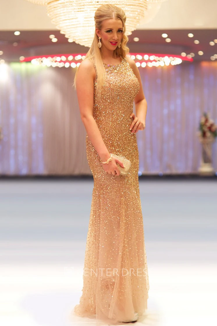 Sheath Sleeveless Scoop-Neck Floor-Length Sequins&Tulle Prom Dress