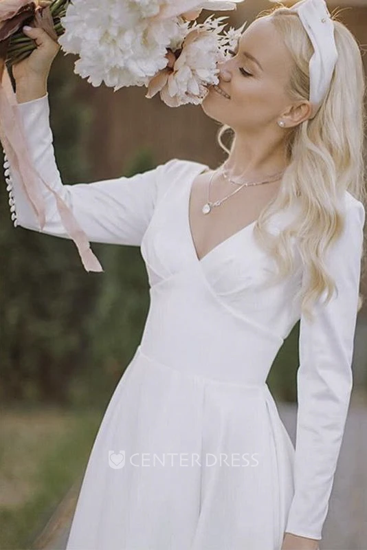 A-line Elegant V-neck Long Sleeve Satin Wedding Dress With Pleats