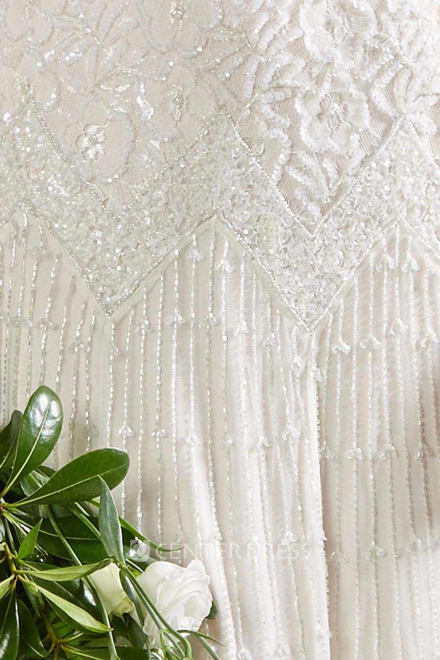 Sheath Sleeveless V-Neck Ankle-Length Lace Spring Wedding Dress With Appliques And V Back