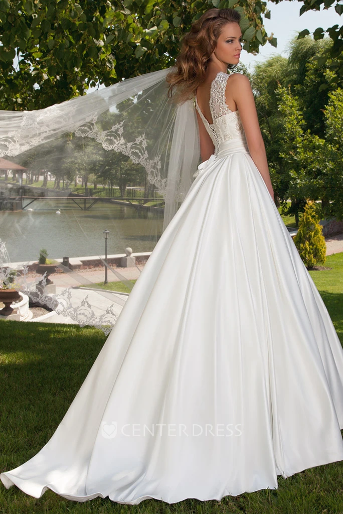 Ball-Gown Lace Jewel Sleeveless Floor-Length Satin Wedding Dress With Lace-Up Back And Bow