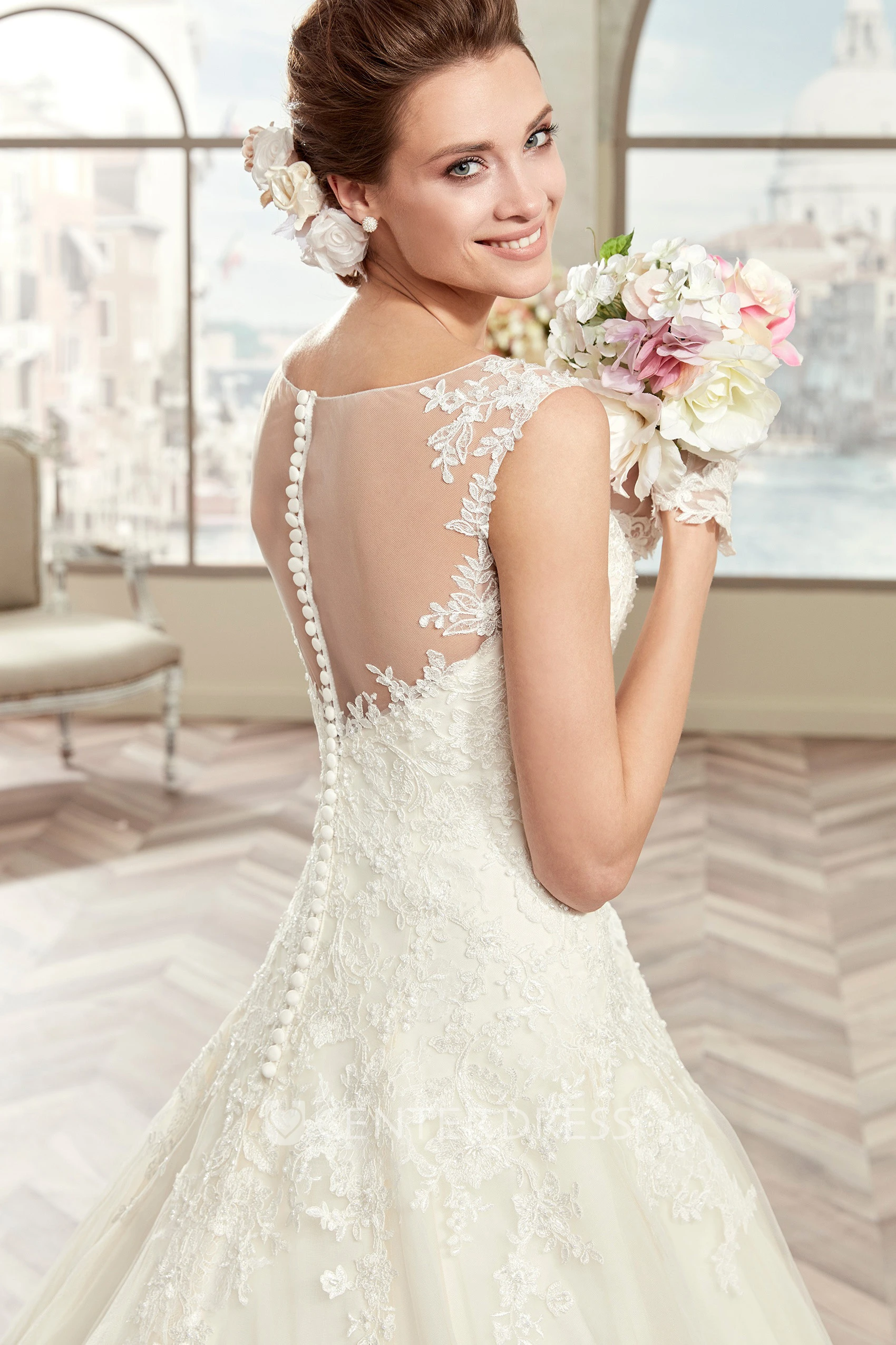 Classic Cap sleeve A-line Wedding Gown with Illusive Design and Brush Train 