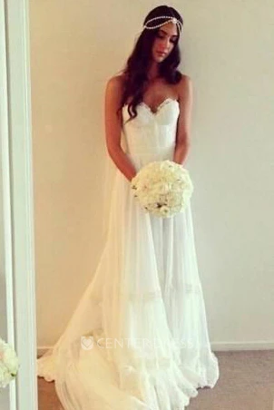 Boho Sweetheart Pleated Lace Bodice Tulle Gown With Backless