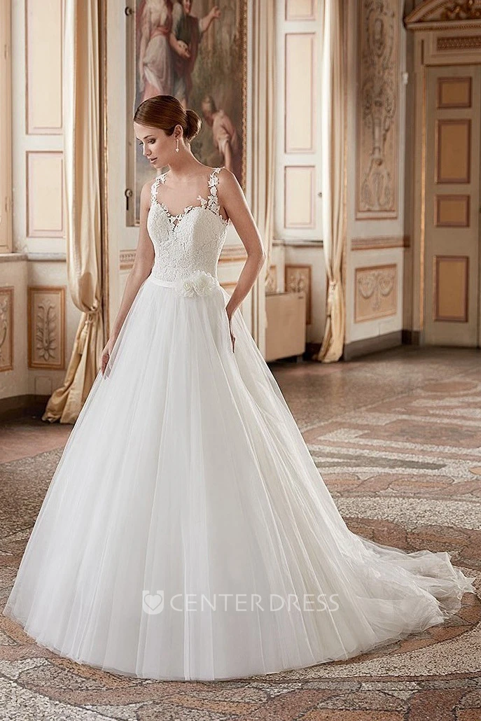A-Line Appliqued Floor-Length Sleeveless Scoop-Neck Tulle Wedding Dress With Flower And Ruffles