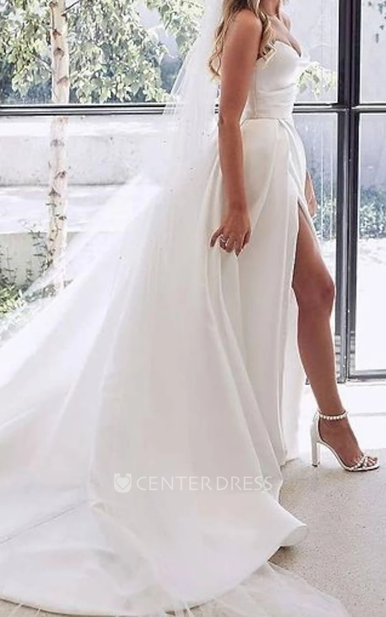Modern Sexy A-Line Satin Warm Wedding Dress Casual Elegant Garden Strapless Split Front Ruched Bridal Gown