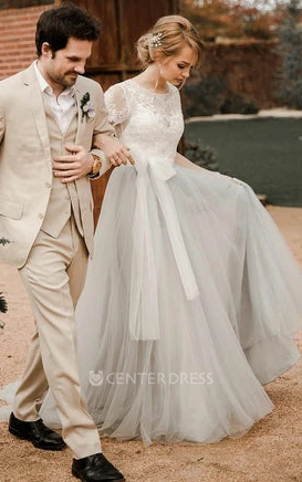 Tulle Bohemian A-Line Jewel Neckline Wedding Dress With Keyhole Back And Appliques
