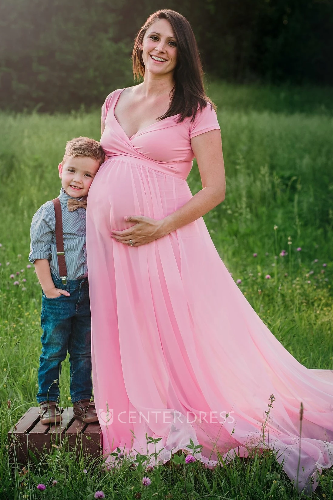 A-Line Court Train Short Sleeve Empire Maternity Dress