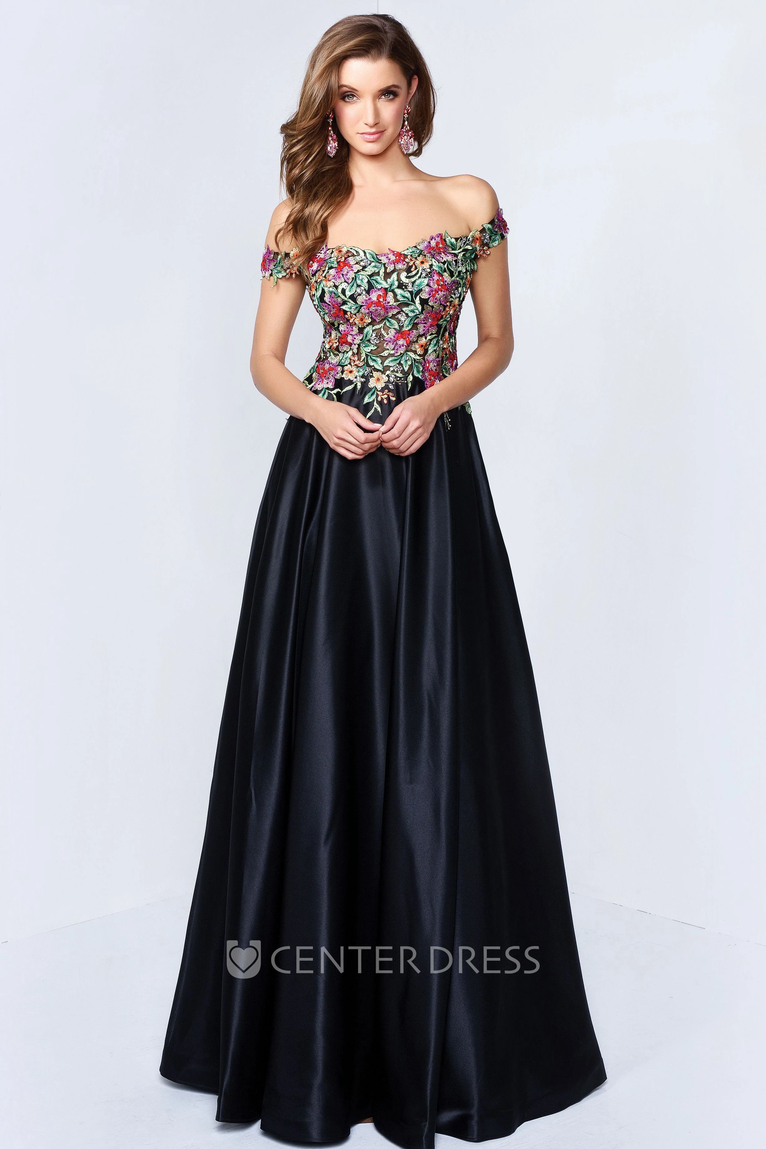 A-Line Off-The-Shoulder Satin Keyhole Dress With Beading And Embroidery