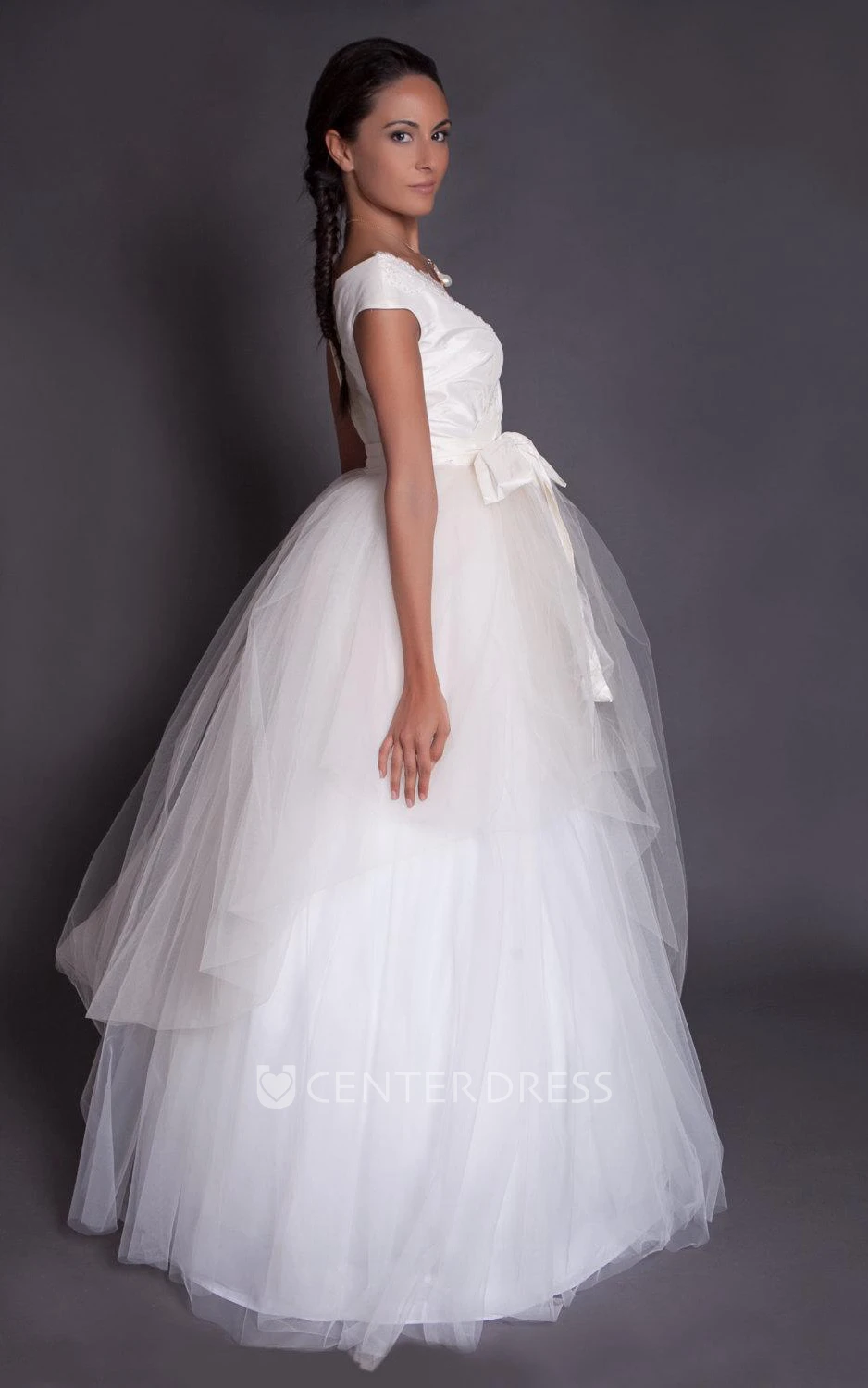 Asymmetrical Tulle Lace Taffeta Dress With Beading Zipper