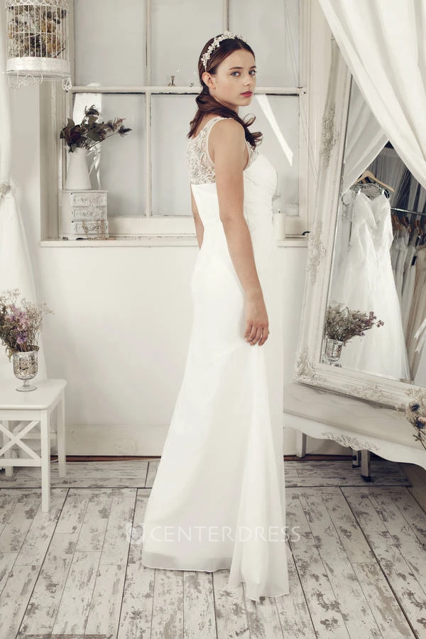 Sheath Empire Sleeveless Beaded Bateau Long Chiffon Wedding Dress With Illusion Back