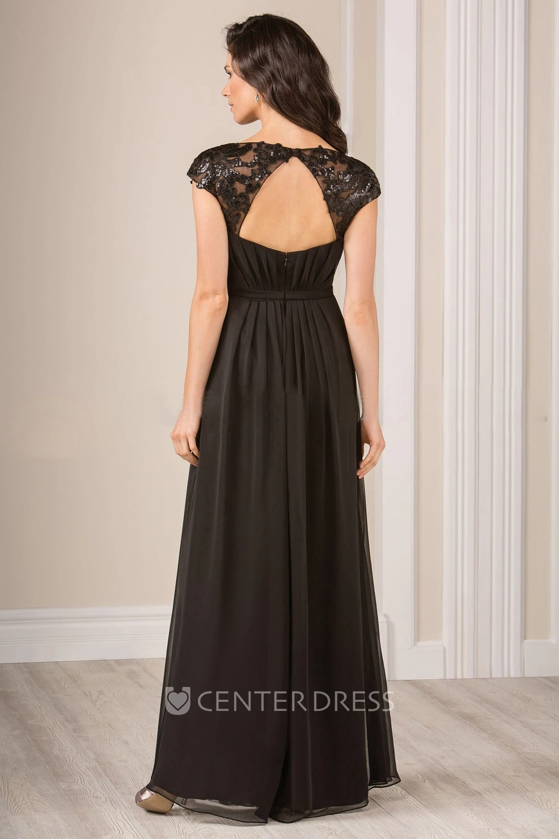 Cap-Sleeved A-Line Long Gown With Sequins And Keyhole Back