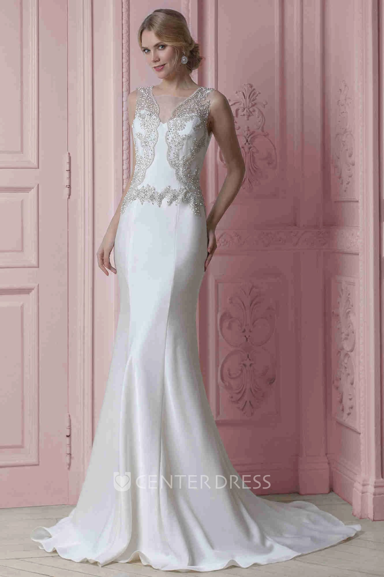 Sheath Beaded Floor-Length V-Neck Sleeveless Stretched Satin Wedding Dress