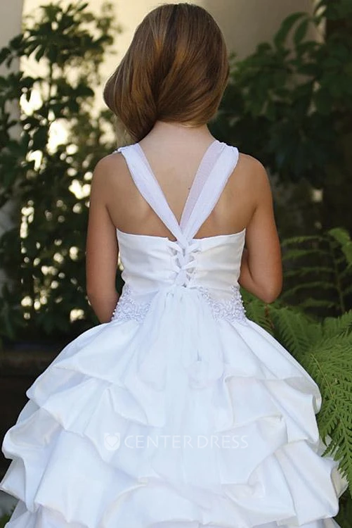 Knee-Length Appliqued Ruched Beaded Lace&Sequins Flower Girl Dress With Sequins
