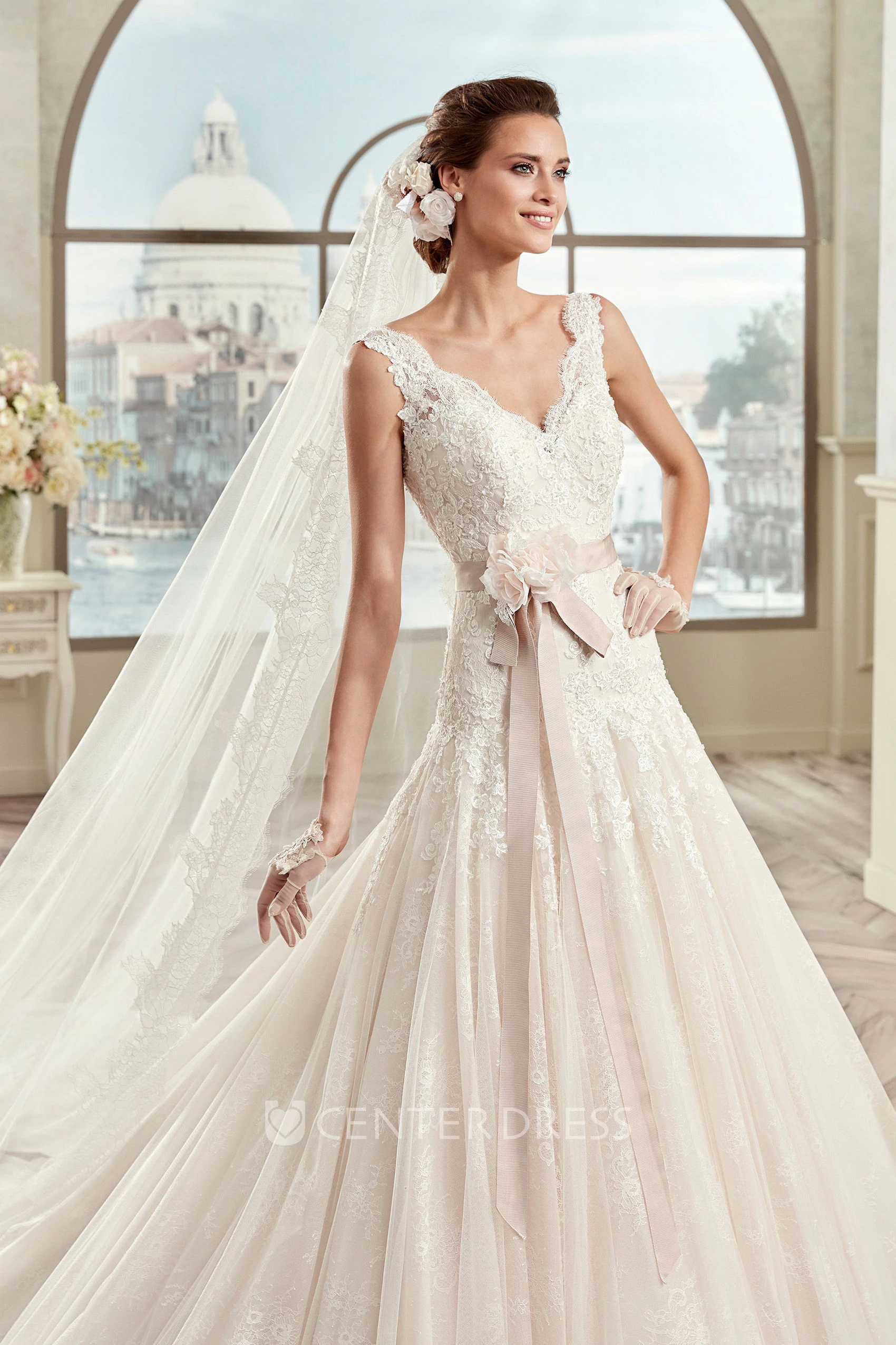 V-Neck Lace Bridal Gown With Floral Sash And Open Back