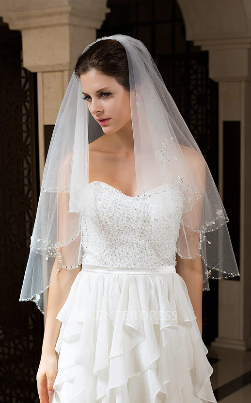 Elegant Ethereal Short Two Tier Sequin Beading Pearl Edge Tulle Elbow Length Bridal Veil with Comb